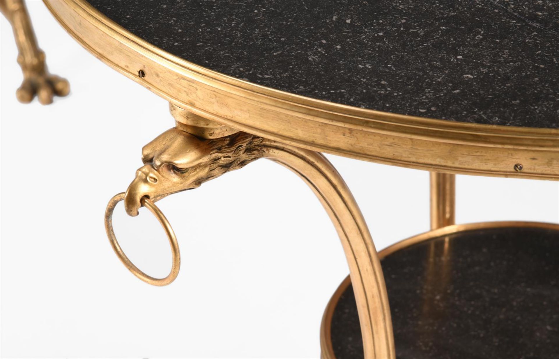 A PAIR OF GILT METAL AND BELGIAN BLACK MARBLE GUERIDONS OR CENTRE TABLES IN EMPIRE STYLE - Image 3 of 5