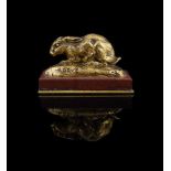 ANTOINE-LOUIS BARYE (FRENCH, 1795-1875), A GILT BRONZE MODEL OF A CROUCHING RABBIT