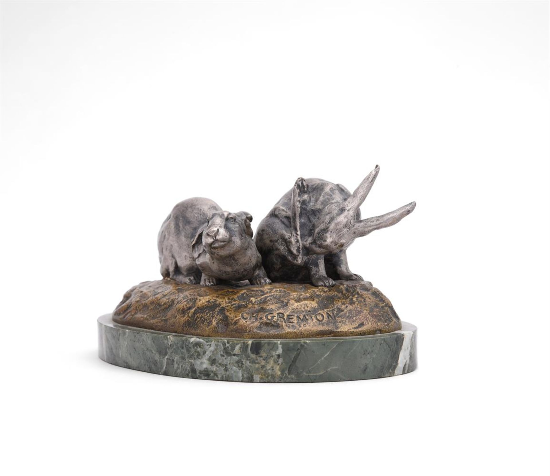 CHARLES GREMION (FRENCH, 19TH/20TH CENTURY), A SILVERED AND GILDED BRONZE GROUP OF TWO RABBITS - Bild 2 aus 7