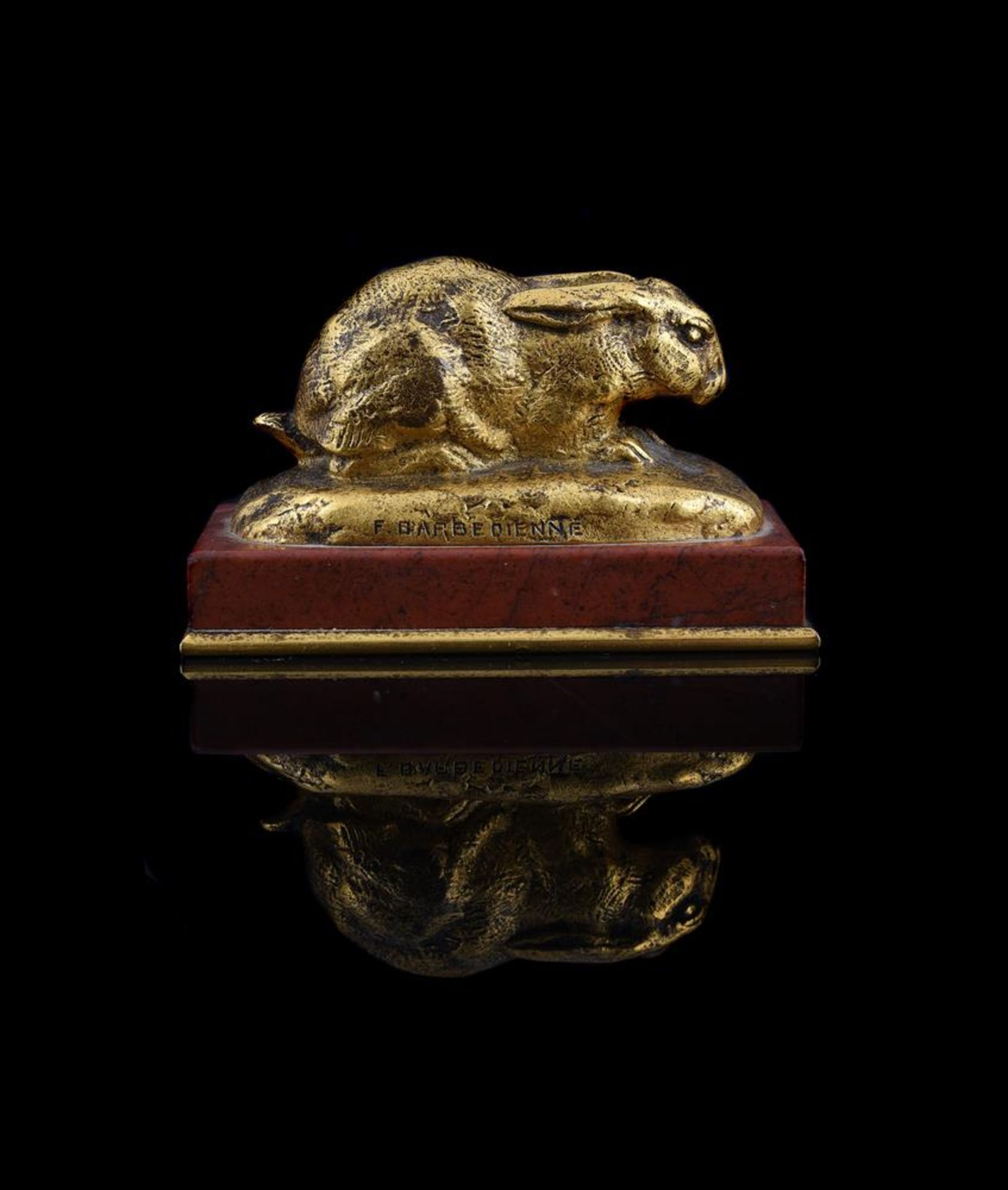 ANTOINE-LOUIS BARYE (FRENCH, 1795-1875), A GILT BRONZE MODEL OF A CROUCHING RABBIT - Image 4 of 6