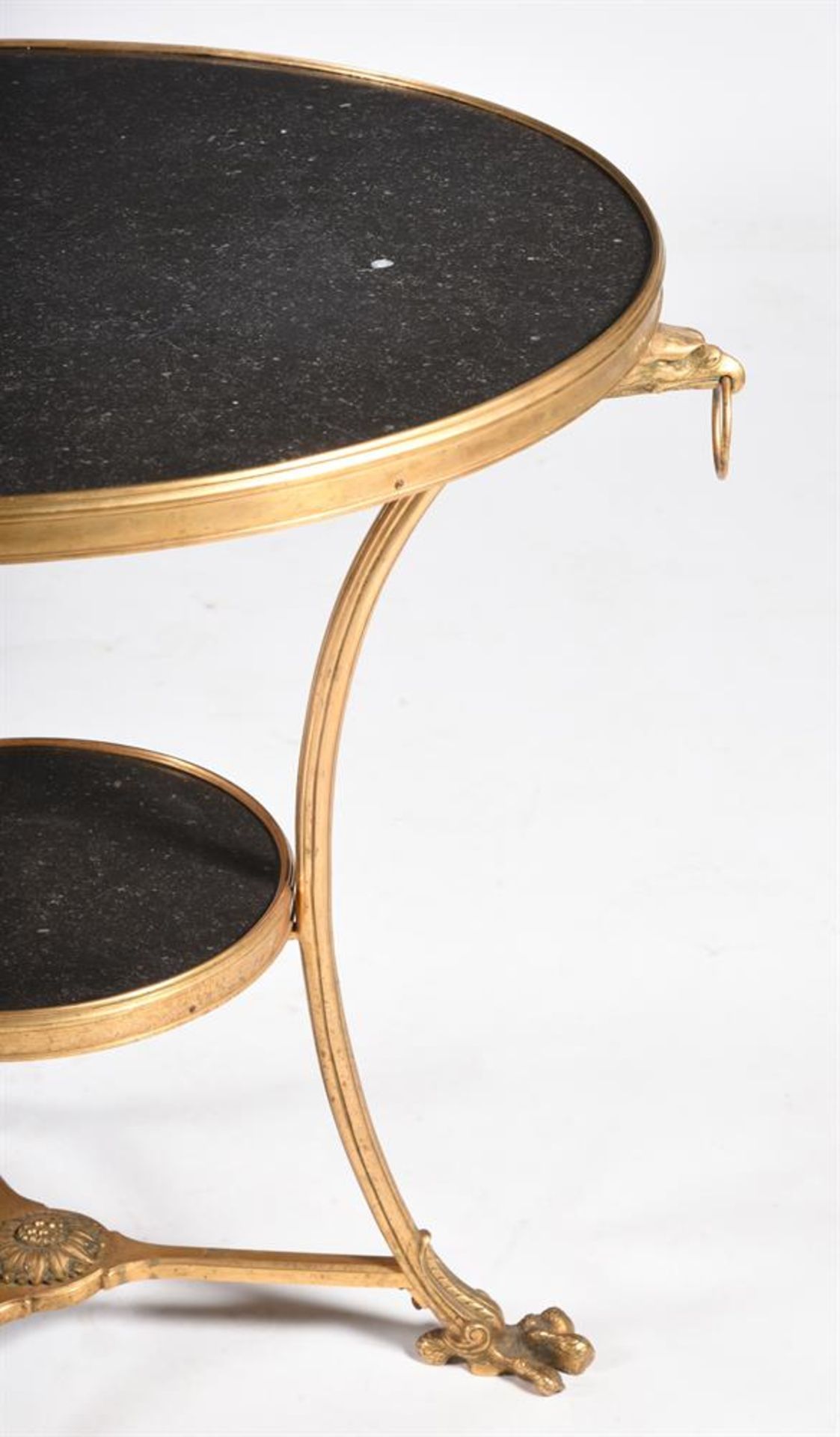 A PAIR OF GILT METAL AND BELGIAN BLACK MARBLE GUERIDONS OR CENTRE TABLES IN EMPIRE STYLE - Image 4 of 5