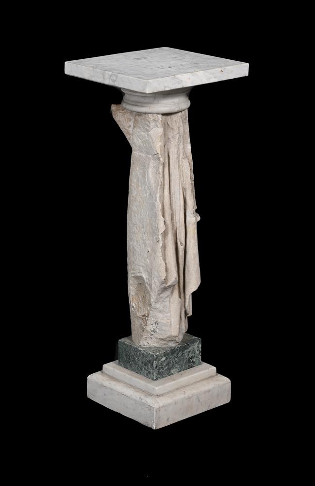 AN ANCIENT ROMAN MARBLE FRAGMENT MADE INTO A PEDESTAL, ANTIQUE AND LATER