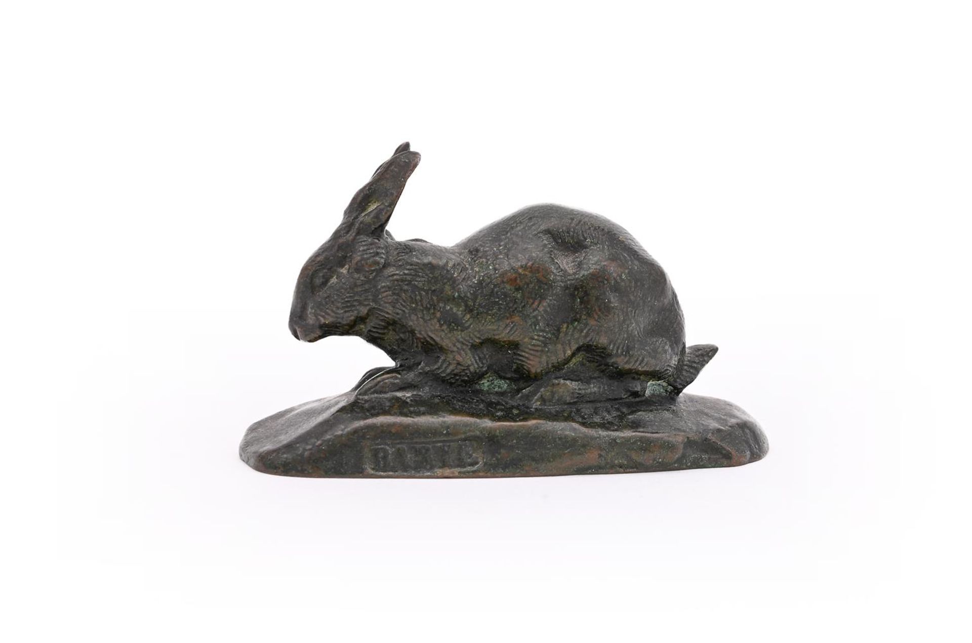 ANTOINE-LOUIS BARYE (FRENCH, 1795-1875), A BRONZE MODEL OF A CROUCHING RABBIT