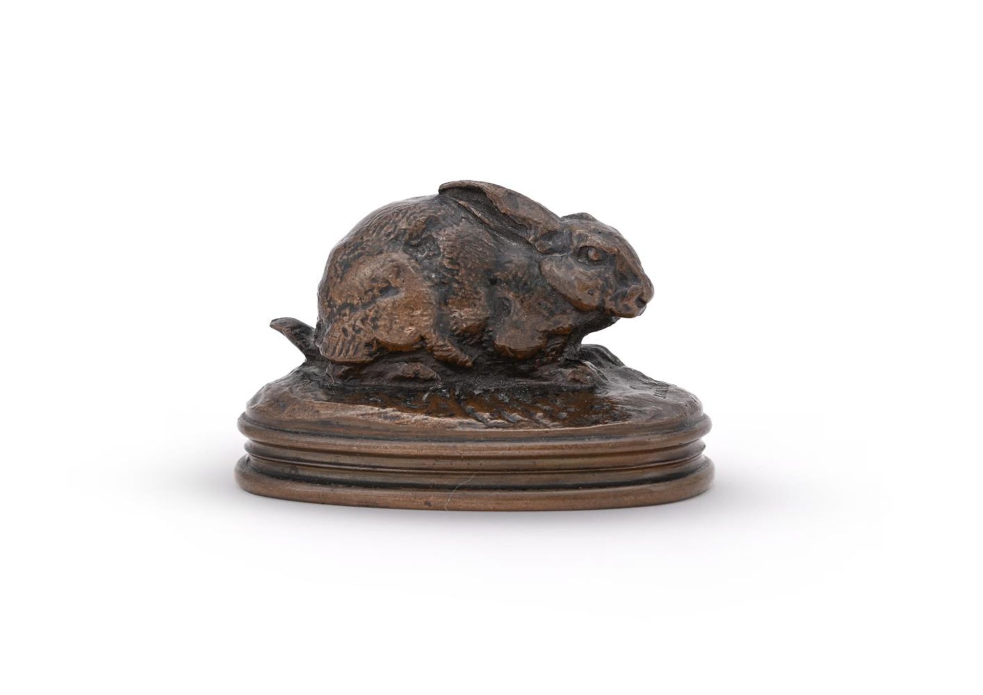 ANTOINE-LOUIS BARYE (FRENCH, 1795-1875), A BRONZE MODEL OF A CROUCHING RABBIT - Image 5 of 6