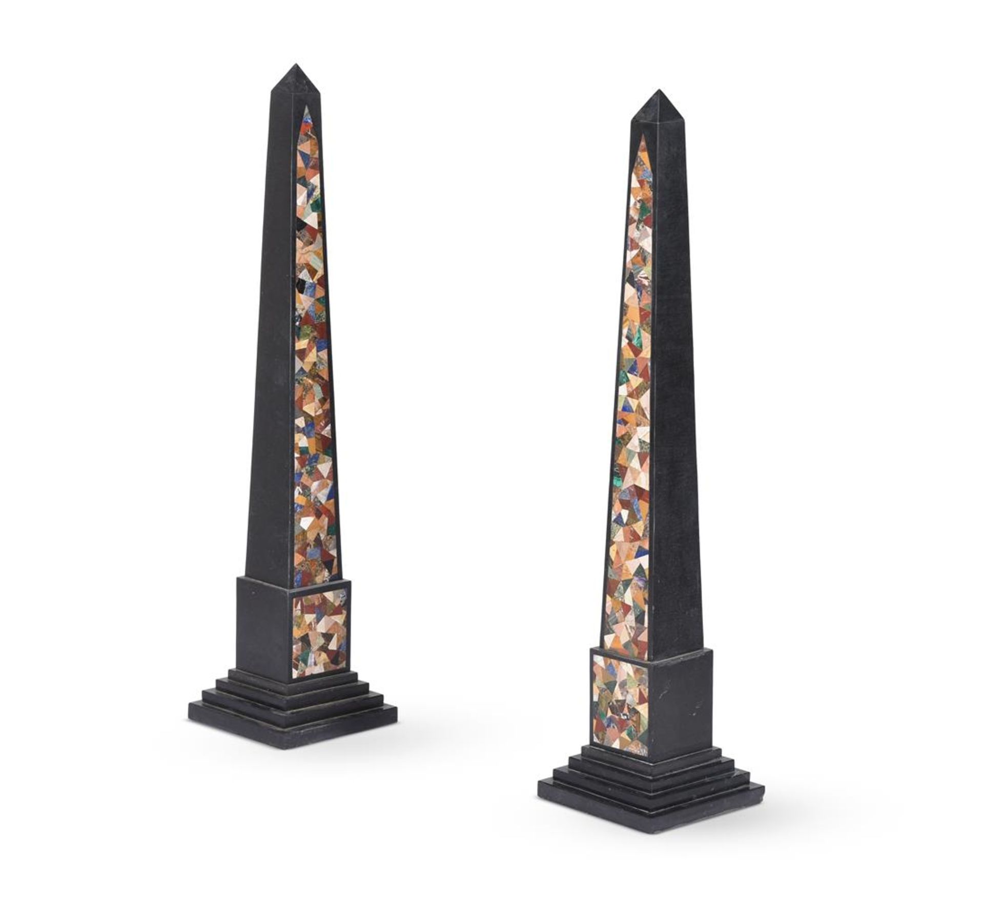 A LARGE PAIR OF BLACK MARBLE INLAID OBELISKS, IN THE LATE 19TH CENTURY ASHFORD STYLE, 20TH CENTURY