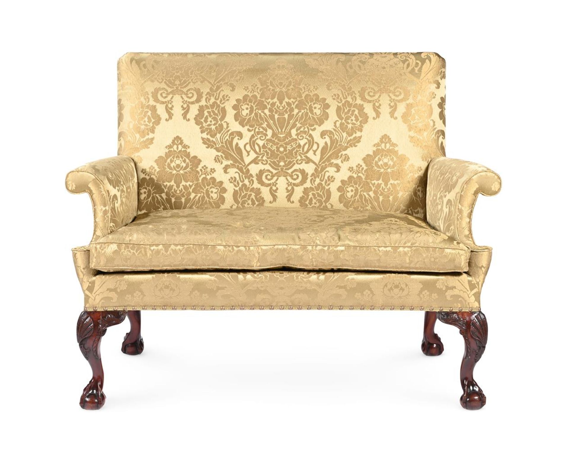 A MAHOGANY AND UPHOLSTERED SETTEE, IN GEORGE II IRISH STYLE, 19TH CENTURY