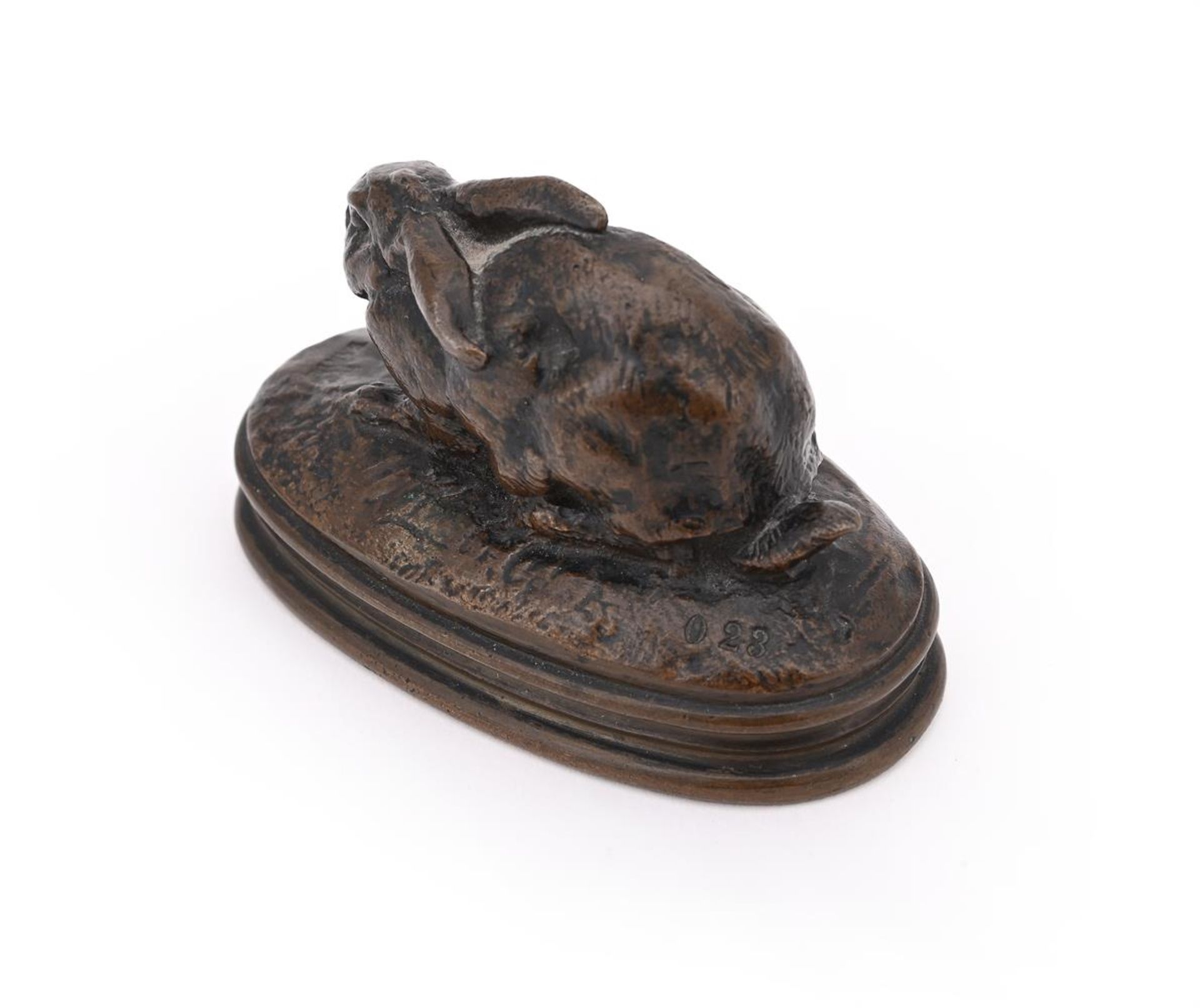 ANTOINE-LOUIS BARYE (FRENCH, 1795-1875), A BRONZE MODEL OF A CROUCHING RABBIT - Image 3 of 6