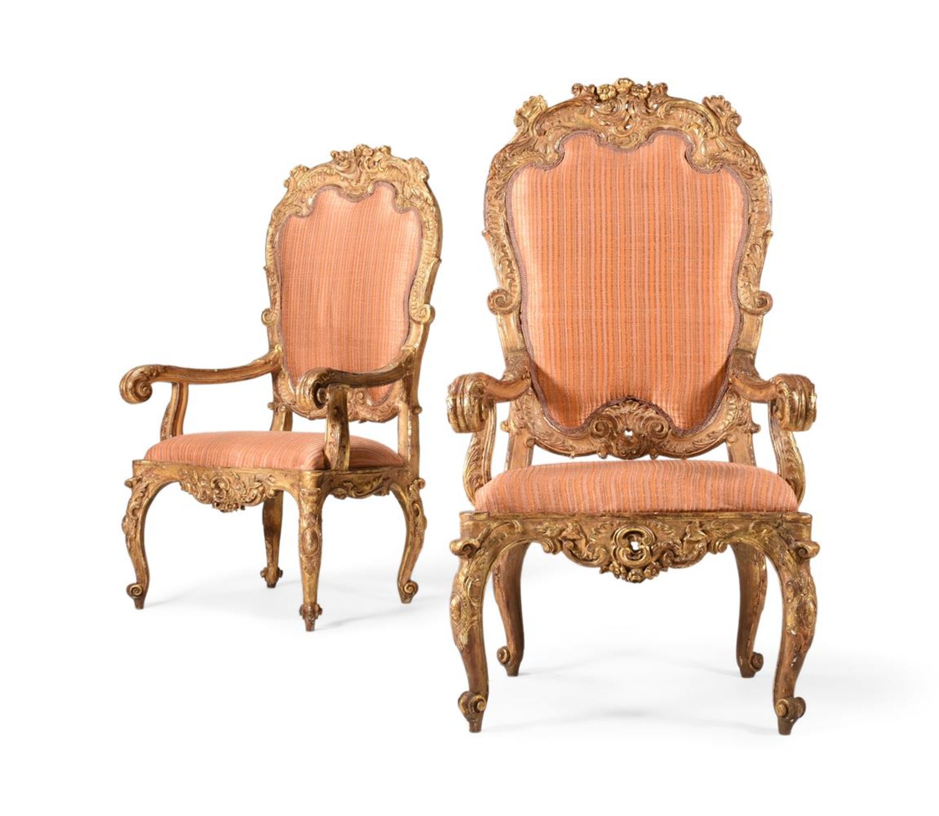 A PAIR OF ITALIAN GILTWOOD 'THRONE' ARMCHAIRS, IN ROCOCO TASTE, PROBABLY VENETIAN, 19TH CENTURY