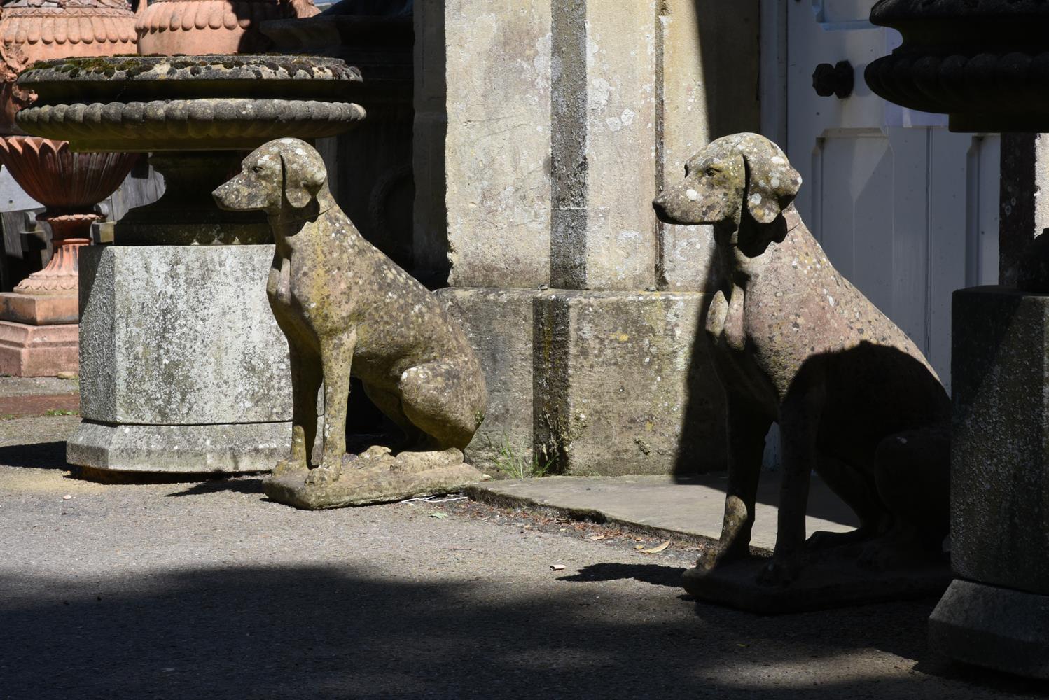 A PAIR OF COMPOSITION STONE MODELS OF SEATED HOUNDS, 20TH CENTURY - Image 4 of 4