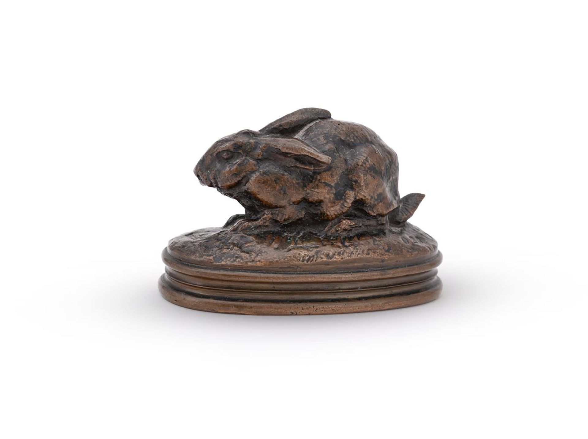 ANTOINE-LOUIS BARYE (FRENCH, 1795-1875), A BRONZE MODEL OF A CROUCHING RABBIT