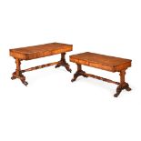 AN UNUSUAL NEAR PAIR OF GEORGE IV OAK, POLLARD OAK AND GONCALO ALVES BANDED LIBRARY OR SIDE TABLES