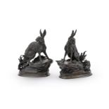 JULES MOIGNIEZ (FRENCH, 1835-1894), A RARE PAIR OF BRONZE MODELS OF HARES