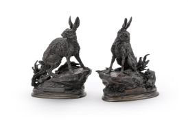JULES MOIGNIEZ (FRENCH, 1835-1894), A RARE PAIR OF BRONZE MODELS OF HARES