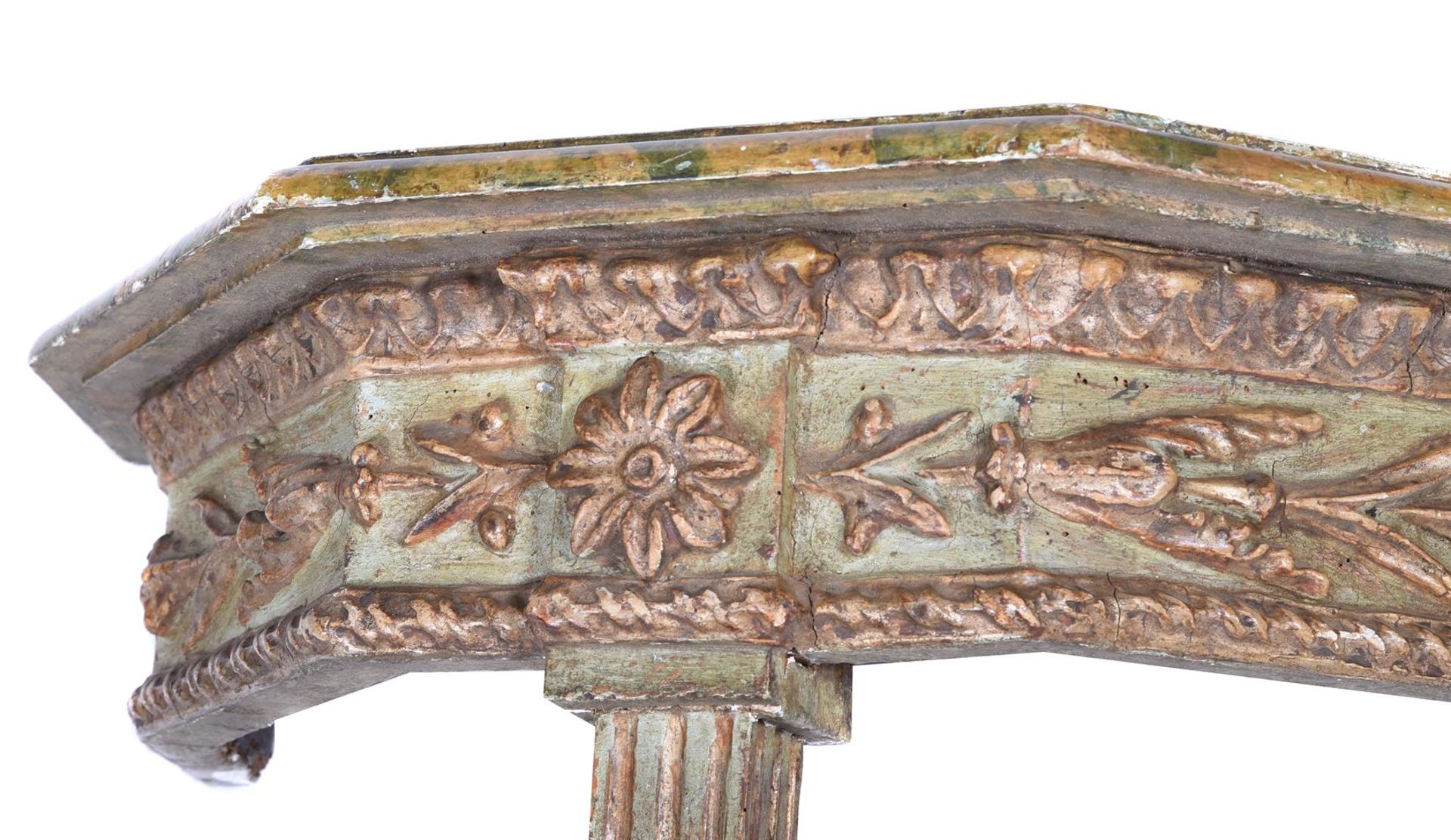 A PAIR OF CONTINENTAL GREEN PAINTED AND SILVERED CONSOLE TABLES, LATE 18TH OR EARLY 19TH CENTURY - Image 7 of 7