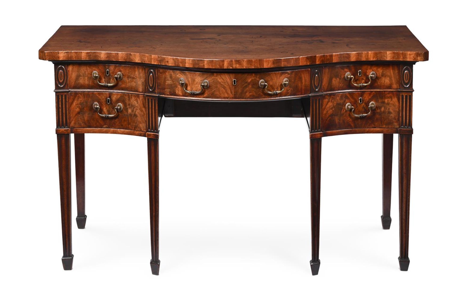 A GEORGE III MAHOGANY SERPENTINE FRONTED SIDEBOARD, POSSIBLY IRISH, CIRCA 1790