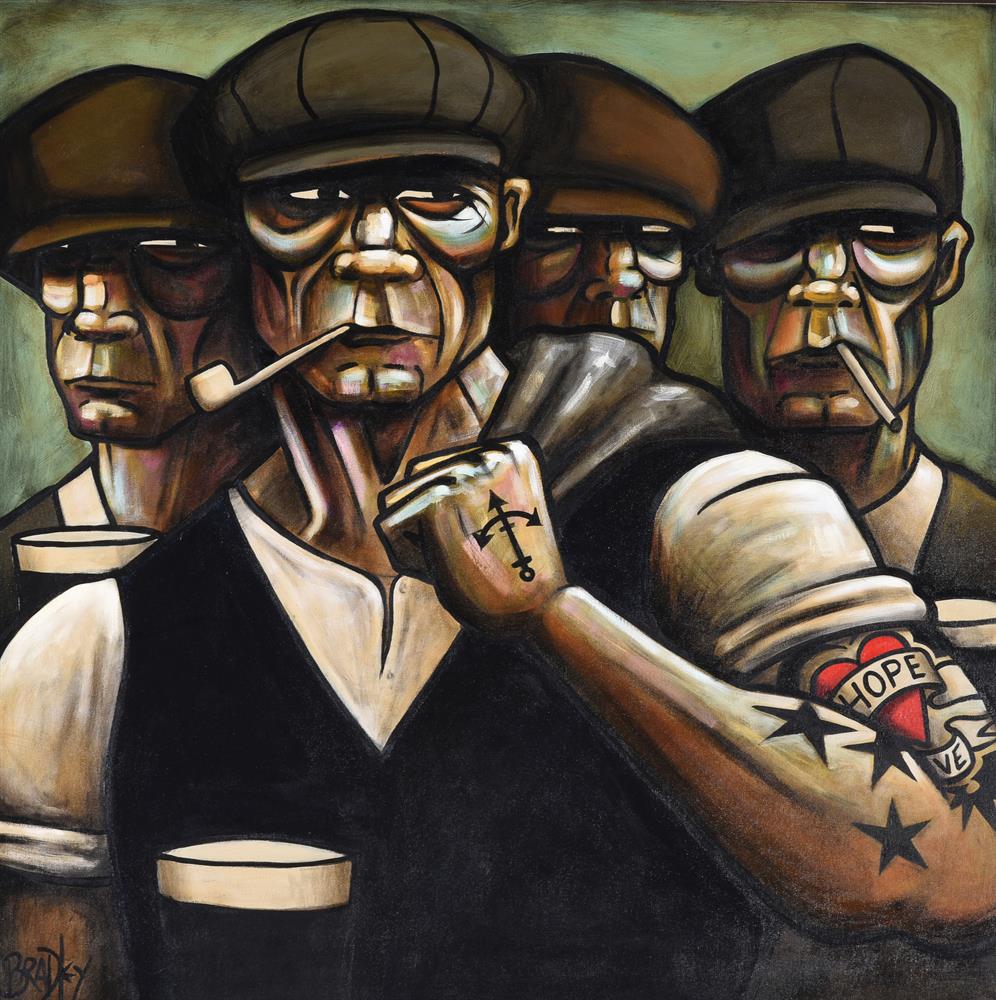 λ TERRY BRADLEY (NORTHERN IRISH B. 1965), FOUR MEN AT THE BAR