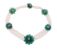 A FRENCH 1970S PINK SAPPHIRE, CHRYSOPRASE AND SEED PEARL COLLAR NECKLACE