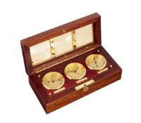 ASPREY, A WOODEN CASED DESK BAROMETER, CLOCK AND THERMOMETER