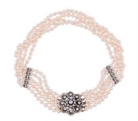 A FIVE STRAND CULTURED PEARL CHOKER WITH A DIAMOND CLUSTER CLASP