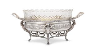 A RUSSIAN SILVER TWIN HANDLED OVAL CENTREPIECE