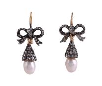 A PAIR OF LATE 19TH CENTURY AND LATER DIAMOND AND PEARL EAR PENDANTS