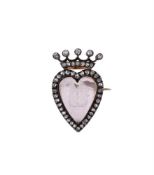 A VICTORIAN DIAMOND AND REVERSE PAINTED CRYSTAL CORONETED HEART BROOCH, CIRCA 1870