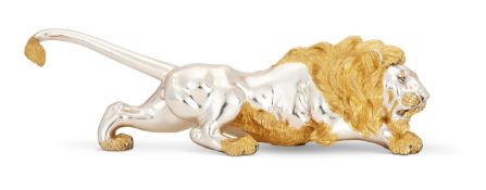 A CASED SILVER AND SILVER GILT MODEL OF A LION