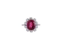 A PINK TOURMALINE AND DIAMOND CLUSTER RING