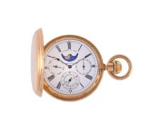 AN 18 CARAT GOLD FULL HUNTER POCKET WATCH WITH CALENDAR AND MOON PHASE
