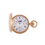 AN 18 CARAT GOLD FULL HUNTER POCKET WATCH WITH CALENDAR AND MOON PHASE