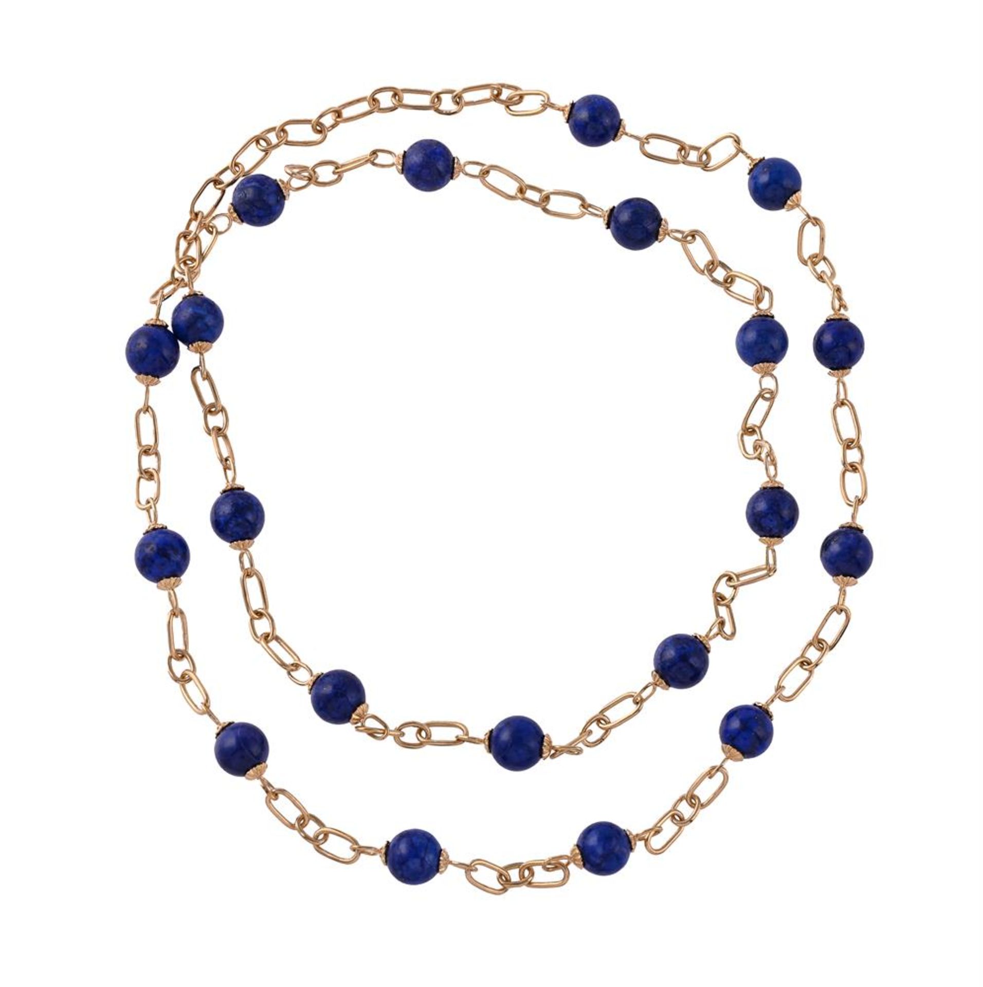 A GOLD COLOURED LAPIS LAZULI CHAIN NECKLACE