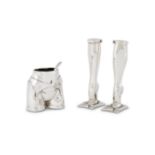 A SILVER THREE PIECE NOVELTY CRUET SET