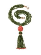 Y A FRENCH CORAL AND NEPHRITE BEAD NECKLACE