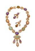 A 19TH CENTURY MULTI GEM NECKLACE AND EAR PENDANTS, SECOND QUARTER OF THE 19TH CENTURY