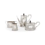 Y A VICTORIAN SILVER FOUR PIECE TAPERING OVAL TEA AND COFFEE SET