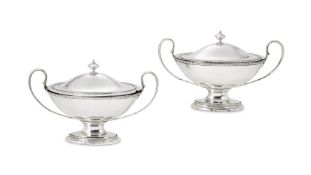 A PAIR OF GEORGE III SILVER SAUCE TUREENS AND COVERS