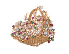 A DIAMOND, RUBY, EMERALD AND CULTURED PEARL FLOWER BASKET BROOCH