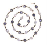 A BLUE AND WHITE PLIQUE Á JOUR ENAMEL AND BAROQUE CULTURED PEARL LONG CHAIN