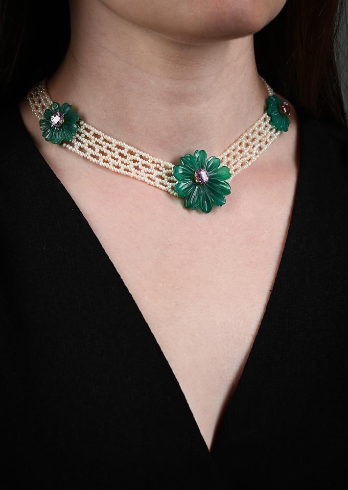A FRENCH 1970S PINK SAPPHIRE, CHRYSOPRASE AND SEED PEARL COLLAR NECKLACE - Image 2 of 2