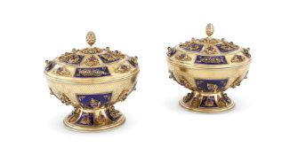 A PAIR OF SILVER GILT COLOURED AND ENAMELLED BOWLS AND COVERS
