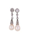A PAIR OF PEARL AND DIAMOND DROP EAR PENDANTS