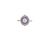 A SAPPHIRE, DIAMOND AND BOUTON PEARL DRESS RING