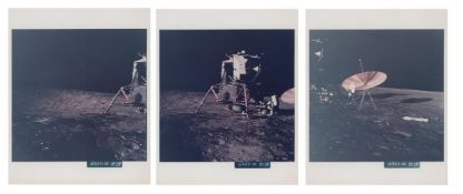 LM 4 o’clock 3-photo panoramic sequence showing Alan Bean at Ocean of Storms Base, Apollo 12