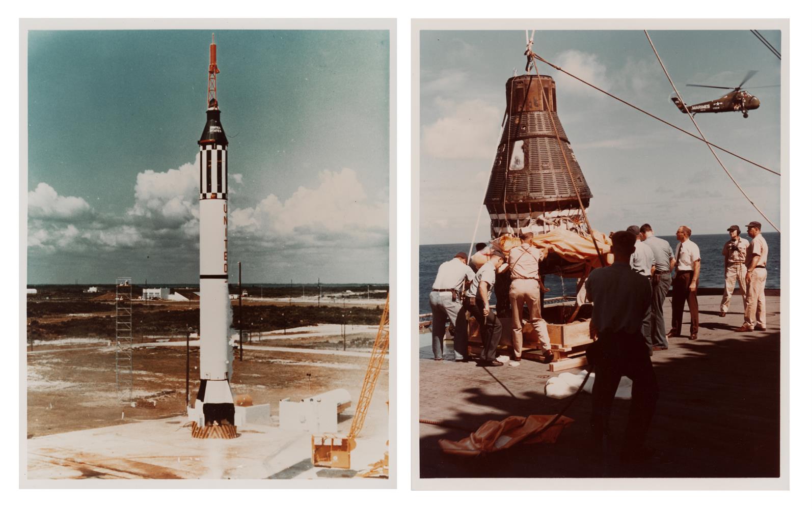 Launch and recovery (2 views), Mercury Redstone 3 and Mercury Atlas 9, 5 May 1961 and 15 May 1963