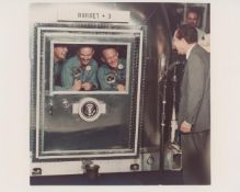 President Nixon visiting the crew in quarantine, Apollo 11, 24 July 1969