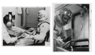 Neil Armstrong & Dave Scott preparing for the first docking in space (2 views), Gemini 8