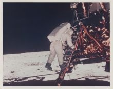 Buzz Aldrin descends the steps of the lunar ladder, Apollo 11, 16-24 July 1969