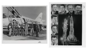 The Mercury Seven group with test pilot aircraft and Big Joe rocket (2 views), 1960- 20 January 1961