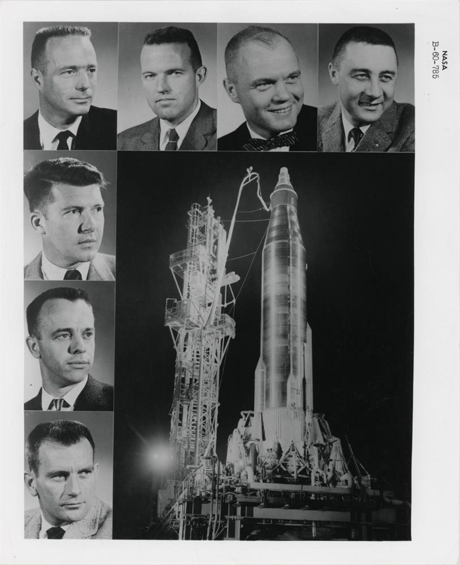 The Mercury Seven group with test pilot aircraft and Big Joe rocket (2 views), 1960- 20 January 1961 - Image 4 of 5
