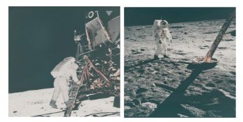 Diptych: Buzz Aldrin climbing down the LM ladder to walk on the Moon, Apollo 11, 16-24 July 1969